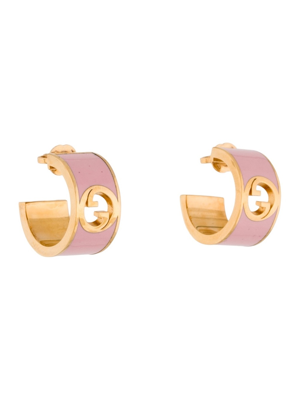 Gucci Blondie Pink Enamel and Gold Interlocking G Hoop Earrings